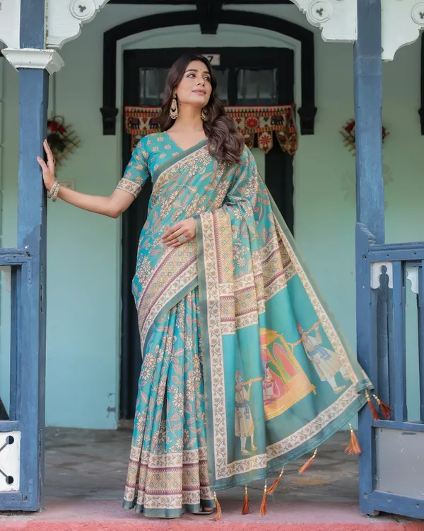 Teal_Green_Handloom_Cotton_Saree_with_Floral_Print_&_Royal_Bridal_Procession_Pallu