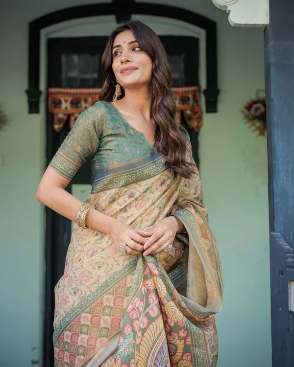 Beige_Green_Handloom_Cotton_Saree_with_Lotus_Print_&_Colorful_Peacock_Pallu