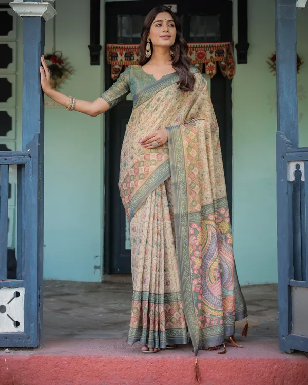 Beige_Green_Handloom_Cotton_Saree_with_Lotus_Print_&_Colorful_Peacock_Pallu