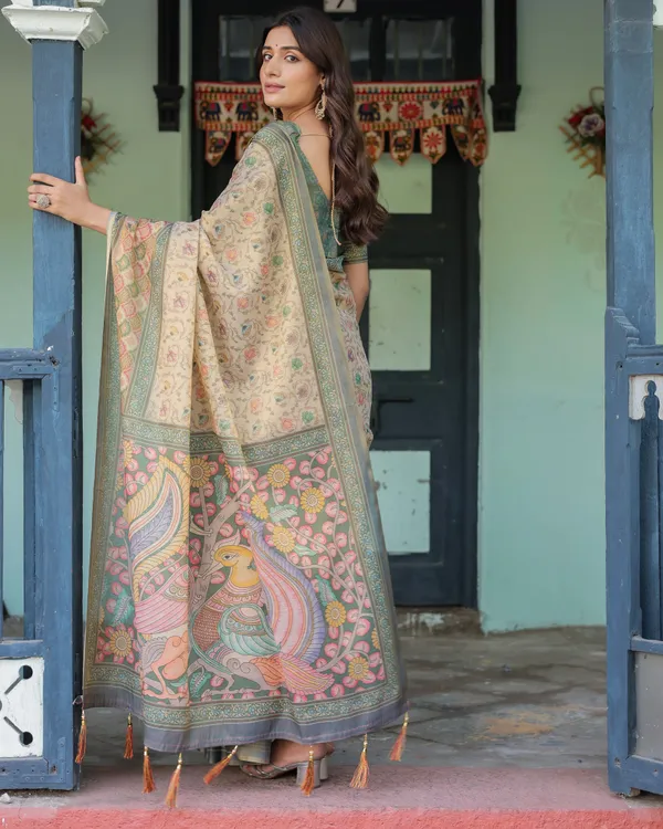 Beige_Green_Handloom_Cotton_Saree_with_Lotus_Print_&_Colorful_Peacock_Pallu