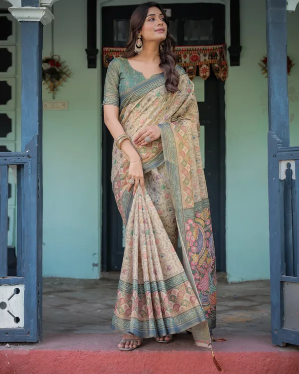 Beige_Green_Handloom_Cotton_Saree_with_Lotus_Print_&_Colorful_Peacock_Pallu