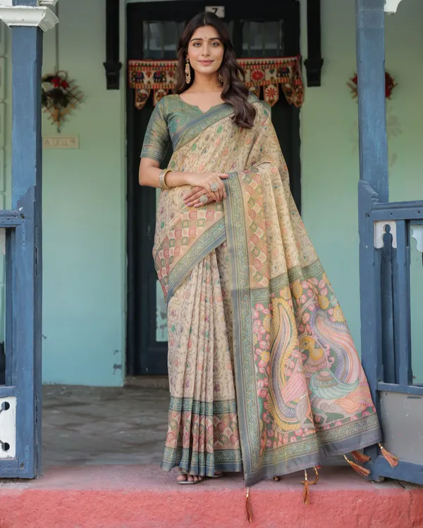 Beige_Green_Handloom_Cotton_Saree_with_Lotus_Print_&_Colorful_Peacock_Pallu