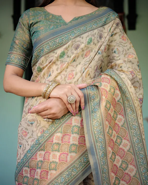 Beige_Green_Handloom_Cotton_Saree_with_Lotus_Print_&_Colorful_Peacock_Pallu