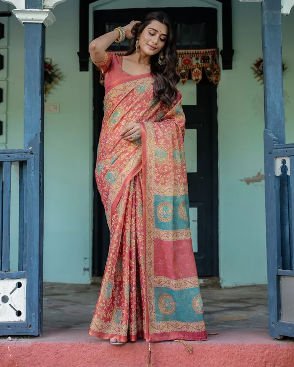 Terracotta_Red_Handloom_Cotton_Saree_with_Floral_Vine_Print_&_Dual-Toned_Royal_Motif_Pallu