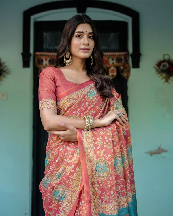 Terracotta_Red_Handloom_Cotton_Saree_with_Floral_Vine_Print_&_Dual-Toned_Royal_Motif_Pallu
