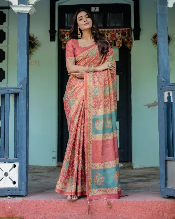 Terracotta_Red_Handloom_Cotton_Saree_with_Floral_Vine_Print_&_Dual-Toned_Royal_Motif_Pallu
