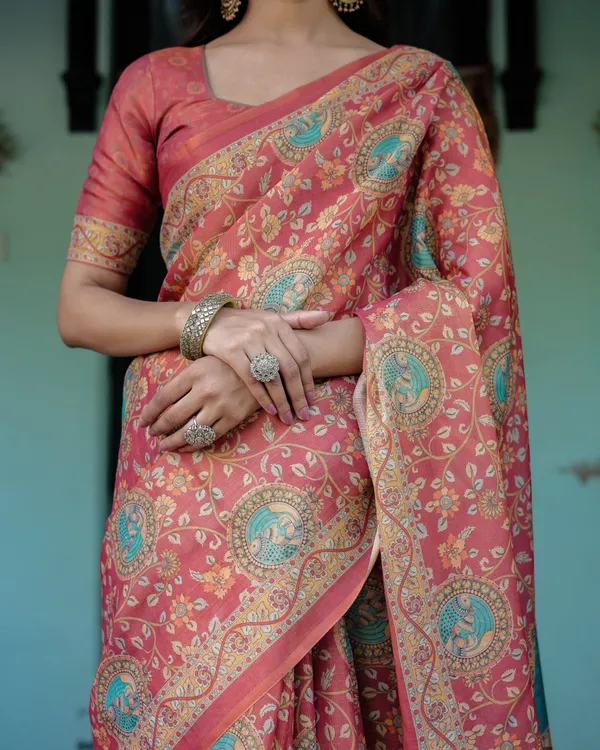 Terracotta_Red_Handloom_Cotton_Saree_with_Floral_Vine_Print_&_Dual-Toned_Royal_Motif_Pallu