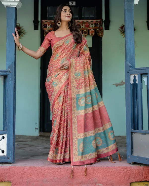 Terracotta_Red_Handloom_Cotton_Saree_with_Floral_Vine_Print_&_Dual-Toned_Royal_Motif_Pallu