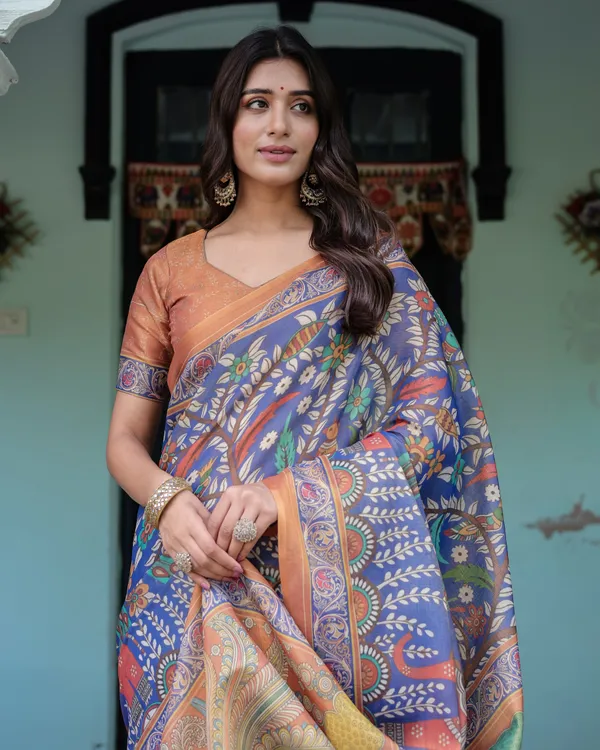 Royal_Blue_&_Rust_Handloom_Cotton_Saree_with_Bold_Floral_Print_&_Grand_Peacock_Pallu