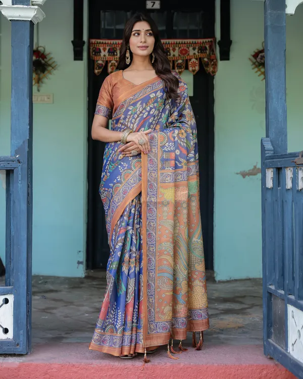 Royal_Blue_&_Rust_Handloom_Cotton_Saree_with_Bold_Floral_Print_&_Grand_Peacock_Pallu