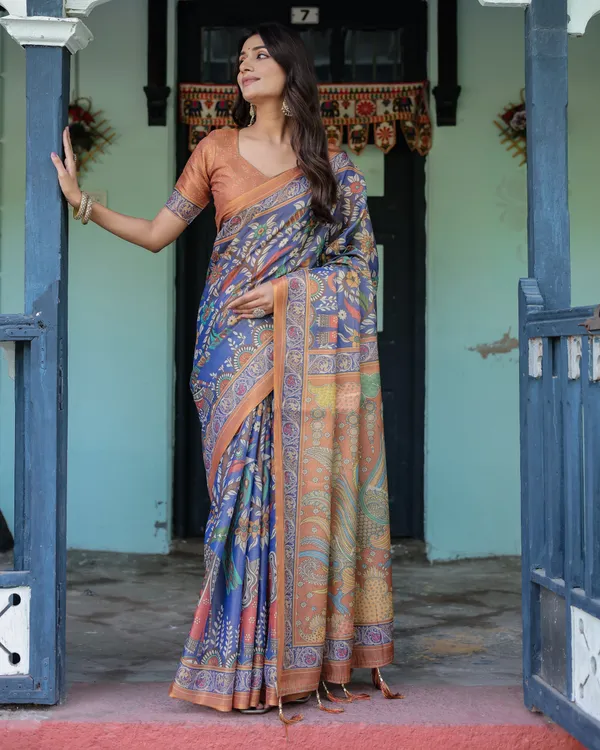 Royal_Blue_&_Rust_Handloom_Cotton_Saree_with_Bold_Floral_Print_&_Grand_Peacock_Pallu