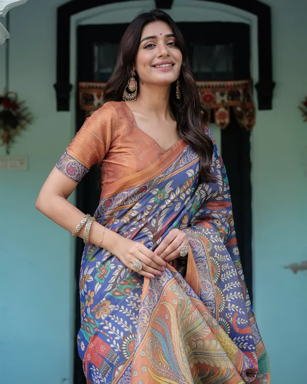 Royal_Blue_&_Rust_Handloom_Cotton_Saree_with_Bold_Floral_Print_&_Grand_Peacock_Pallu
