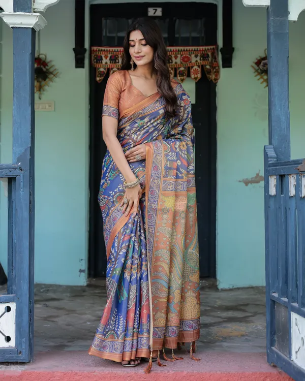 Royal_Blue_&_Rust_Handloom_Cotton_Saree_with_Bold_Floral_Print_&_Grand_Peacock_Pallu