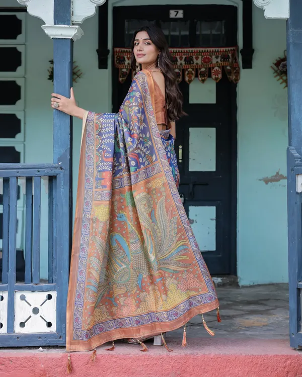 Royal_Blue_&_Rust_Handloom_Cotton_Saree_with_Bold_Floral_Print_&_Grand_Peacock_Pallu