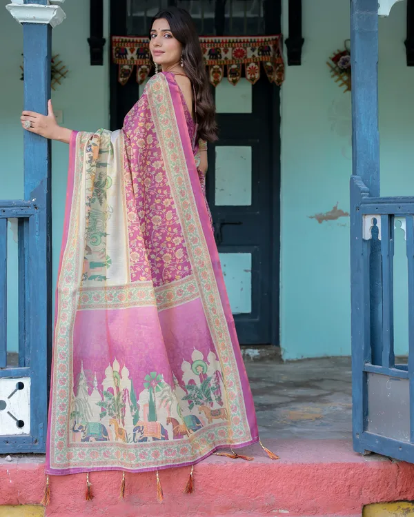 Magenta_Pink_Handloom_Cotton_Saree_with_Floral_Vines_&_Royal_Elephant_Procession_Pallu