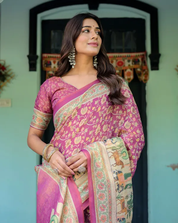 Magenta_Pink_Handloom_Cotton_Saree_with_Floral_Vines_&_Royal_Elephant_Procession_Pallu