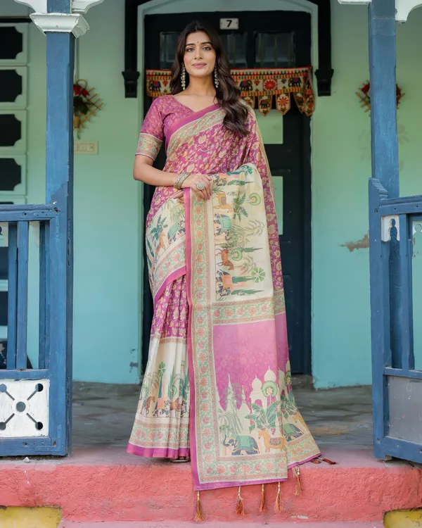 Magenta_Pink_Handloom_Cotton_Saree_with_Floral_Vines_&_Royal_Elephant_Procession_Pallu
