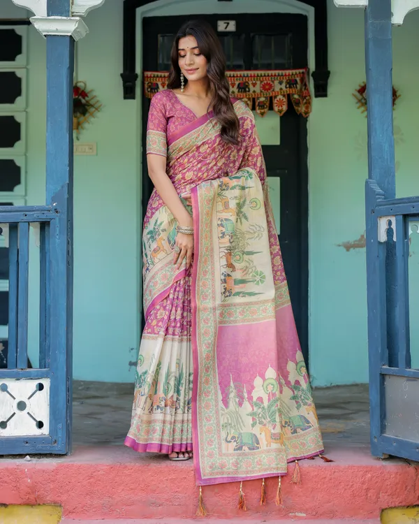 Magenta_Pink_Handloom_Cotton_Saree_with_Floral_Vines_&_Royal_Elephant_Procession_Pallu