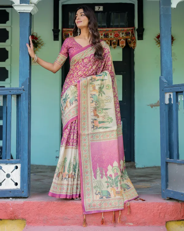 Magenta_Pink_Handloom_Cotton_Saree_with_Floral_Vines_&_Royal_Elephant_Procession_Pallu