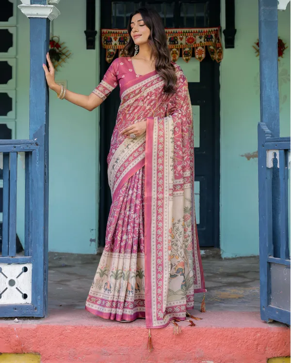 Rose_Pink_Handloom_Cotton_Saree_with_Ivory_Elephant_Procession_Pallu_&_Floral_Print
