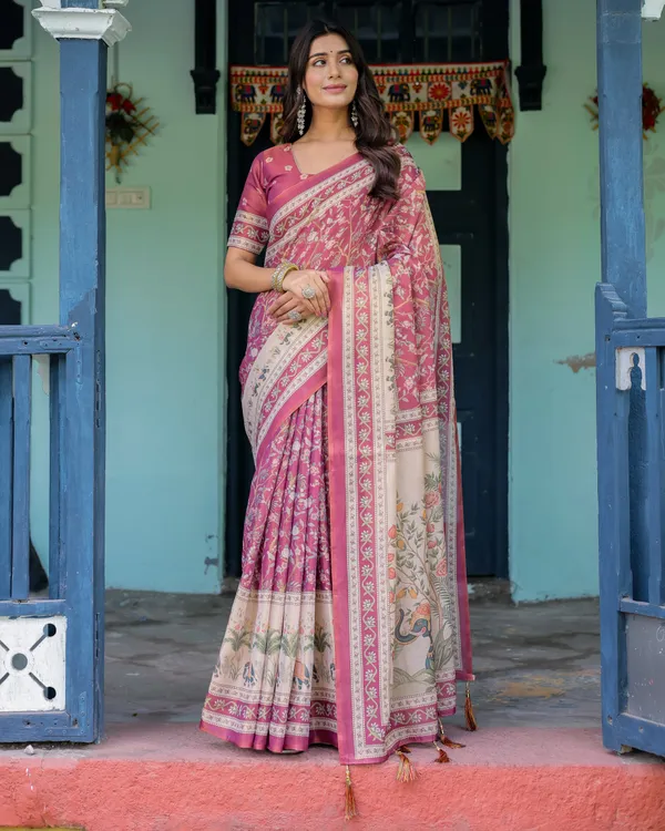 Rose_Pink_Handloom_Cotton_Saree_with_Ivory_Elephant_Procession_Pallu_&_Floral_Print