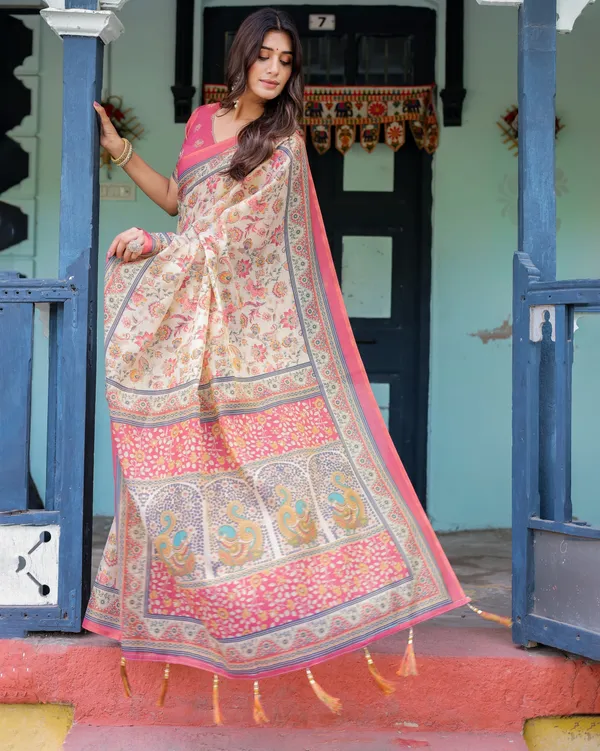 Ivory_Pink_Handloom_Cotton_Saree_with_Floral_Print_&_Traditional_Peacock_Arch_Pallu