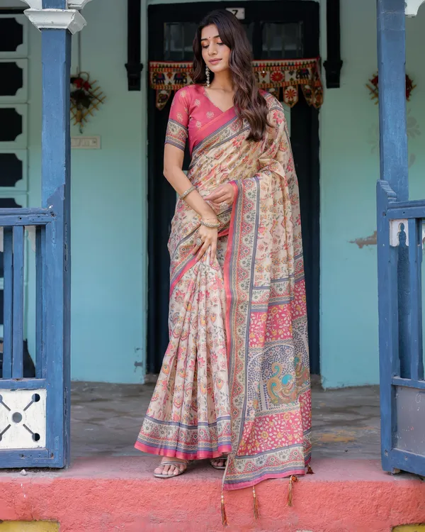 Ivory_Pink_Handloom_Cotton_Saree_with_Floral_Print_&_Traditional_Peacock_Arch_Pallu