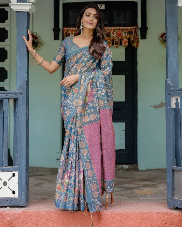Dusty_Blue_Handloom_Cotton_Saree_with_Floral_Print_&_Pink_Cow_Lotus_Motif_Pallu