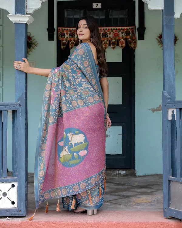 Dusty_Blue_Handloom_Cotton_Saree_with_Floral_Print_&_Pink_Cow_Lotus_Motif_Pallu