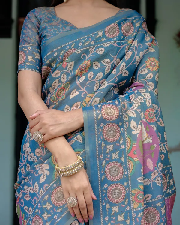 Dusty_Blue_Handloom_Cotton_Saree_with_Floral_Print_&_Pink_Cow_Lotus_Motif_Pallu