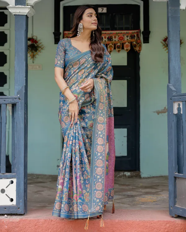 Dusty_Blue_Handloom_Cotton_Saree_with_Floral_Print_&_Pink_Cow_Lotus_Motif_Pallu