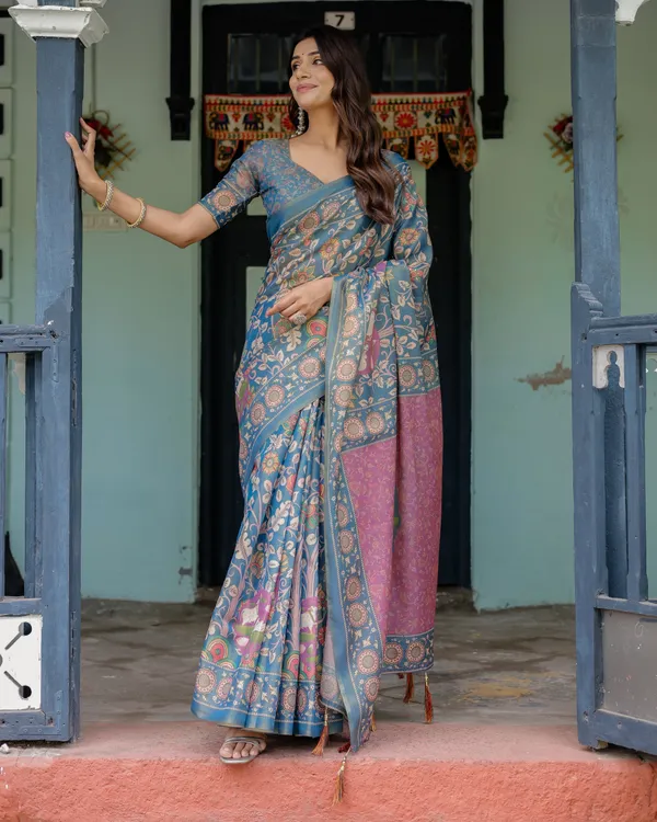 Dusty_Blue_Handloom_Cotton_Saree_with_Floral_Print_&_Pink_Cow_Lotus_Motif_Pallu