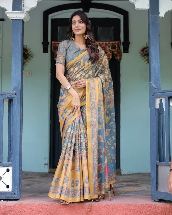 Mustard_Blue_Handloom_Cotton_Saree_with_Mudra_Motifs_&_Goddess_Saraswati_Pallu