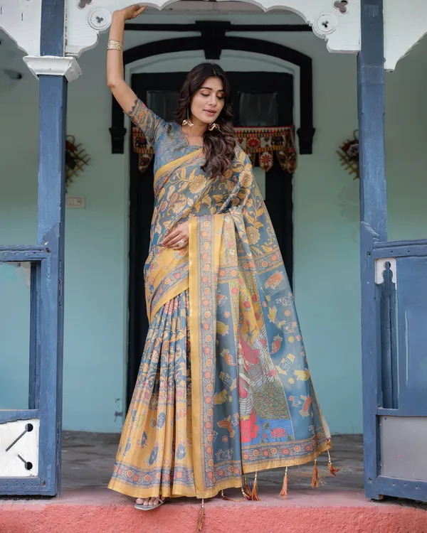 Mustard_Blue_Handloom_Cotton_Saree_with_Mudra_Motifs_&_Goddess_Saraswati_Pallu