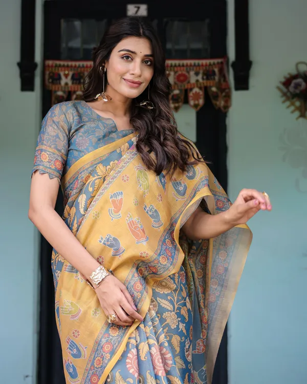 Mustard_Blue_Handloom_Cotton_Saree_with_Mudra_Motifs_&_Goddess_Saraswati_Pallu
