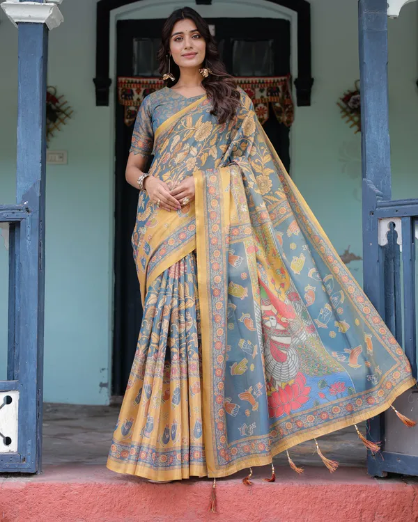 Mustard_Blue_Handloom_Cotton_Saree_with_Mudra_Motifs_&_Goddess_Saraswati_Pallu