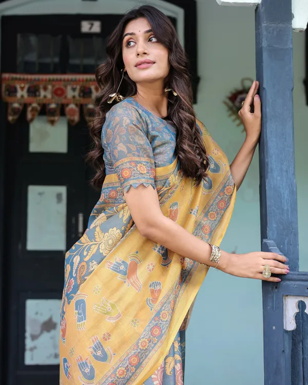 Mustard_Blue_Handloom_Cotton_Saree_with_Mudra_Motifs_&_Goddess_Saraswati_Pallu