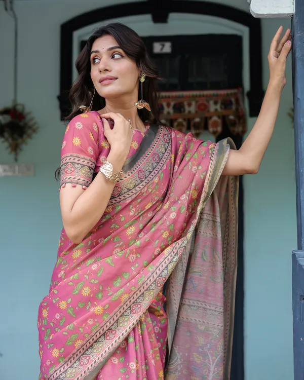 Rani_Pink_Handloom_Cotton_Saree_with_Yellow_Floral_Print_&_Royal_Horse_Pallu