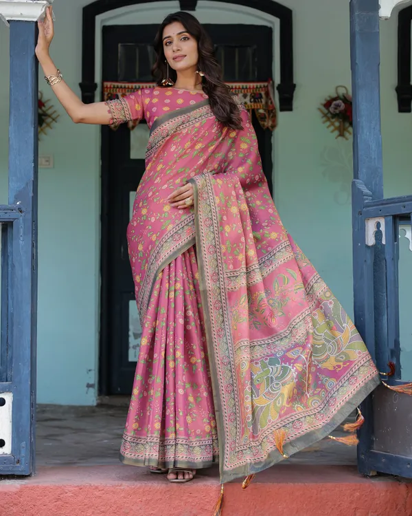 Rani_Pink_Handloom_Cotton_Saree_with_Yellow_Floral_Print_&_Royal_Horse_Pallu