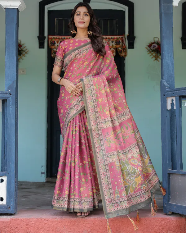 Rani_Pink_Handloom_Cotton_Saree_with_Yellow_Floral_Print_&_Royal_Horse_Pallu