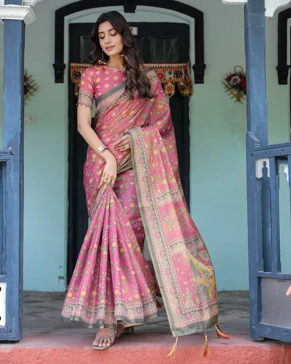 Rani_Pink_Handloom_Cotton_Saree_with_Yellow_Floral_Print_&_Royal_Horse_Pallu