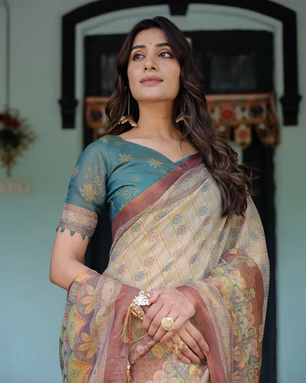 Beige_Teal_Handloom_Cotton_Saree_with_Diamond_Buti_Print_&_Enchanted_Deer_Forest_Pallu