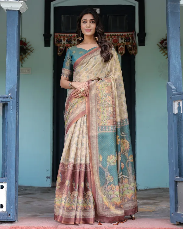 Beige_Teal_Handloom_Cotton_Saree_with_Diamond_Buti_Print_&_Enchanted_Deer_Forest_Pallu