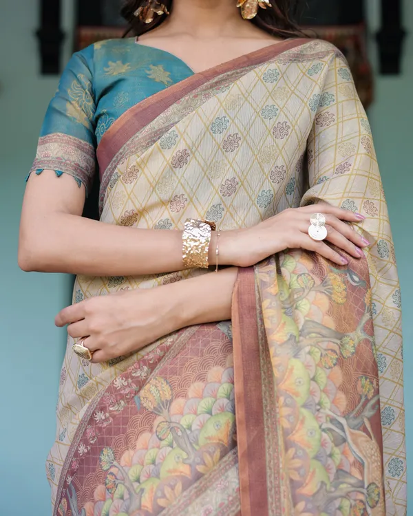 Beige_Teal_Handloom_Cotton_Saree_with_Diamond_Buti_Print_&_Enchanted_Deer_Forest_Pallu