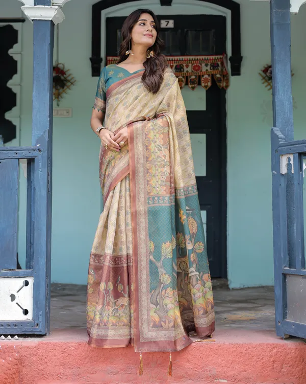 Beige_Teal_Handloom_Cotton_Saree_with_Diamond_Buti_Print_&_Enchanted_Deer_Forest_Pallu