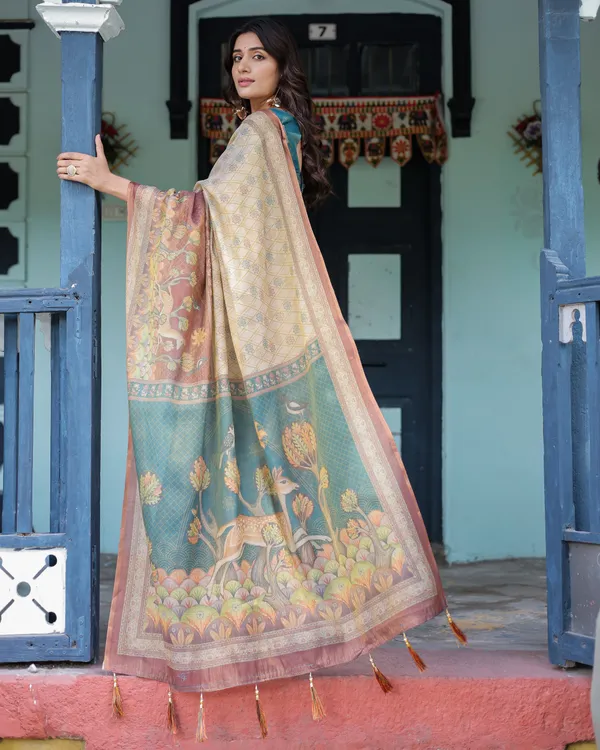 Beige_Teal_Handloom_Cotton_Saree_with_Diamond_Buti_Print_&_Enchanted_Deer_Forest_Pallu