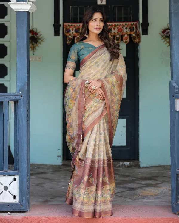 Beige_Teal_Handloom_Cotton_Saree_with_Diamond_Buti_Print_&_Enchanted_Deer_Forest_Pallu