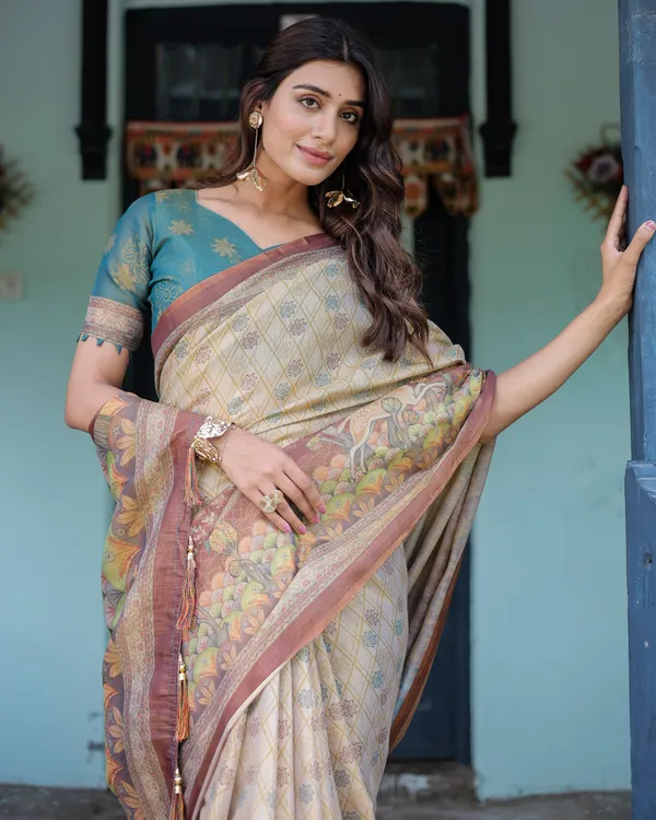 Beige_Teal_Handloom_Cotton_Saree_with_Diamond_Buti_Print_&_Enchanted_Deer_Forest_Pallu