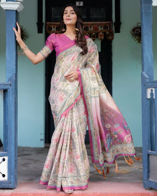 Lavender_Beige_Handloom_Cotton_Saree_with_Floral_Vine_Print_&_Majestic_Peacock_Pallu