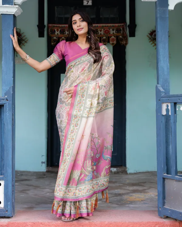 Lavender_Beige_Handloom_Cotton_Saree_with_Floral_Vine_Print_&_Majestic_Peacock_Pallu